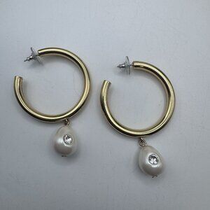 Baublebar White faux pearl dangle hoop earrings with intricate rhinestone center